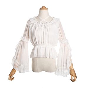 Chiffong Lolita Lace blouse band under skjorta halter nacke av axel kvinnor långa flounce tops bell ärmar för plus storlek 210317