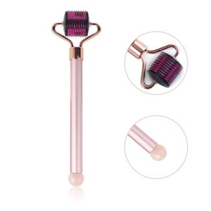 2 IN 1 504 Microneedle Derma Roller Face Lifting Rulli di massaggio Natural Rose Quartz Jade Stone Punto di agopuntura Stick Strumento di bellezza Massaggiatore facciale