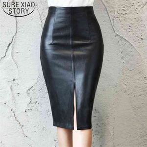 Мода плюс размер черный 5XL юбки Faldas Mujer Женщины PU кожи MIDI Осенние Дамы сплошной карандаш 7644 50 210506