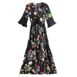 Black Bohemian Boho Floral Impressão V Pescoço Flare Meia Manga Empire Ruffle Midi Dress Mulheres Praia D1769 210514