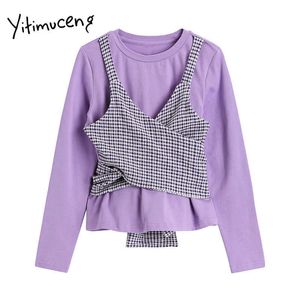 Yitimuceng Woman Tshirts O-neck Long Sleeve Tops Fake Two-piece Tees Spring Purple Patchwork Solid Clothing Fashion Comfortable 210601