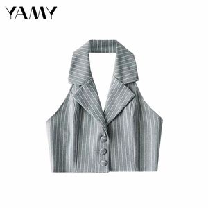 Summer Latest French Retro Striped Lapel Short Vest Female Sleeveless Sexy Backless Slim Top Single Breasted Suit 210909