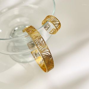 Pulseira monlansher elegante geométrica hollow folha veia manguito dourado colorido titânio aço pulvelet de pulseiras vintage jóias