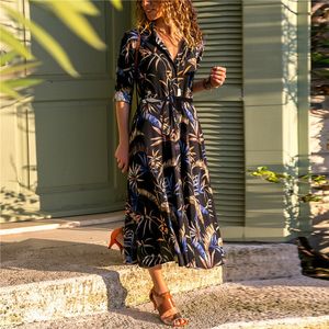 Letnia Długa Dress Kobiety Floral Print Boho Rękaw Surn Down Collar Shirt Damska Dorywczo ES 210514