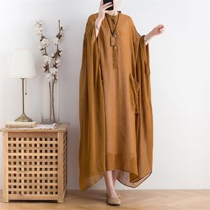 Johnature Women Chiffon Plus Size Shirt Dresses Casual Bat Sleeve Autumn Loose Female Soft Clothes Vintage Dresses 210521