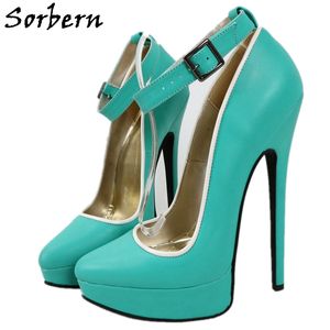 Sorbern Nane Yeşil Kadın Pompa Elbise Ayakkabı Ayak Bileği Kayışı Beyaz Kenar Pionty Toes Platformu 20 cm Sissy Boy Ayakkabı