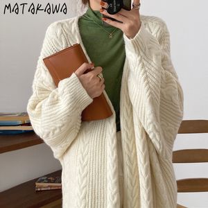 Matakawa Linen Pattern Свободные толстые теплые длинные кардиганы пальто женщины Корея осенью и зимний свитер ретро свободно кардиган женщины 210513