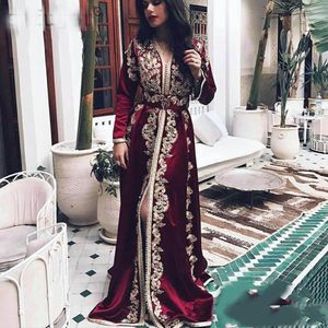 Elegant Burgundy Marockansk Kaftan Formell Aftonklänningar En Linje 2022 Långärmade Guld Lace Appliques Muslim Prom Klänning Arabiska Muslim Special Occasion Party Gowns