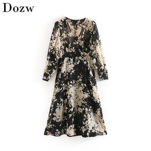 Vintage Floral Print V Neck Kobiety Sukienka Eleganckie Liny A-Line Empire Midi Party Causal Loose Puff Sleeve Kobieta 210515