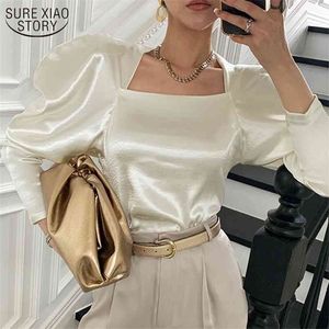 Ivory Color Puff Sleeve Blosue Square Collar Shirt Women Tops Korean Elegant Long Glossy Silky Blusas 12908 210506