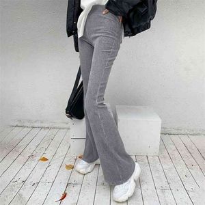 Solid Y2k Female Corduroy Flare Pant Casual Fall Winter Harajuku Long Stretch High Waist Trousers Sweatpants 210721