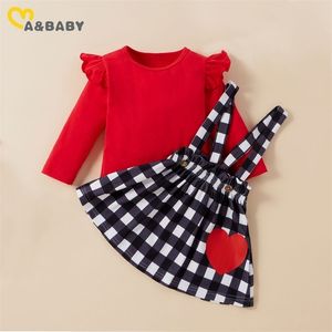 6m-4Years valentines dag toddler barn baby flicka röd outfits nfant t-shirt plaid tutu kjolar 210515