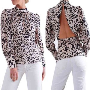 Женщины осень леопардовый принт блузкой рубашка сексуальная водолазка с длинным рукавом без спинки OL Office женские блузки футболки верхняя элегантные блюса 210507