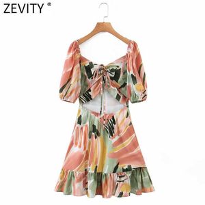 Zevity Women Holiday Wind Tropical Leaves Print Bandage Slim Mini Dress Kvinna Chic Waist Cut Off Ruffles Beach Vestidos DS8147 210603