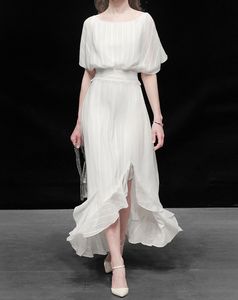 Fashion Simple Temperament Solid Color Robe Ruffle Striped White High Waist Midi Dress Women Summer 16W1451 210510