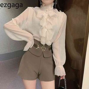 Ezgaga Bluzka Kobiety Elegancki Rękaw Puff Szyfonowy Patchwork Spring Button Solid Slim Cienki Koreański Topy Office Lady Shirts Moda 210430