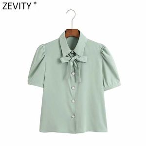 Zevity Women Sweet Bow Tieソリッドカジュアルシャツオフィスのプリーツ半袖ブラウスRoupasシックダイヤモンドボタンBlusa Tops LS9415 210603