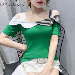Contrast Color Casual Cold Shoulder Tee Tops Summer Short Sleeve Cotton Large Size T-Shirt Slim Women Tshirt T05605B 210421