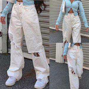 Kvinnors byxor capris kvinnor knapp lös hål avslappnad rak hög midja jeans byxor mode streetwear hip hop denim längd yK2
