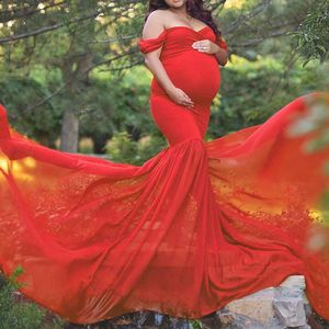 写真撮影綿+シフォンオフショルダーガウン妊娠ロングドレスフォトシュース妊娠中の女性服x0902