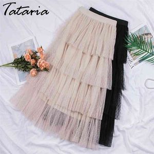 1skirts WOMEN Spring Sweet Cake Layered Long Mesh Skirts Princess High Waist Ruffled Vintage Tiered Tulle Pleated 210514