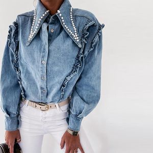 Kvinnors Blusar Skjortor Kvinnor Beading Pointed Collar Denim Shirt Höst Ruffle Single Breasted Sweet Blue Långärmad Office Ladies Toppar 20