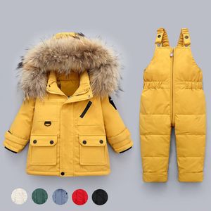 Wholesale Old Cobbler 41N358# Thick warm Down Coat Baby & Kids Clothing Bodysuit Outwear Real fur collar White duck Rompers 2-piece set Zipper opening Belt pants