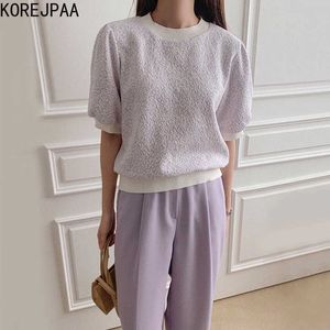 Korejpaa Women Sets Korea Ins Round Neck Loose Short Sleeve T-shirt + High Waist Wide Leg Casual Trousers Suits Female 210526