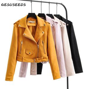 Women's Leather & Faux 2021 Jacket Women Korean Coats Black Coat Turn Down Collar Suede Zipper Belted Yellow Purple