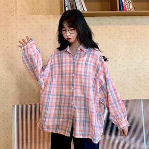 Women's Blouses & Shirts Shirt Spring 2021 Retro Plaid Lapel Bat Wing Sleeve Blouse Women Single Breasted Coat Pink Yellow Girl Student Tops