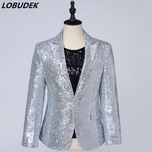 Bar Male Singer Silver Sequins Suit Jackets Sequined Blazers Star Concert Stage Performance Shiny Slim Coat Evening Party Host Tuxedo Blazer Dance Costume