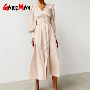 Beige Single Breasted Sexy Dress Party Clud High Waist Satin Long Elegant V Neck Women Midi es Lantern Sleeve 210428