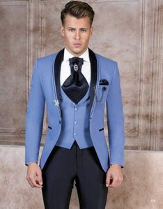 Latest Design One Button Blue Groom Tuxedos Shawl Lapel Wedding Men Suits Three Pieces Business (Jacket+Pants+Vest+Tie) W1318