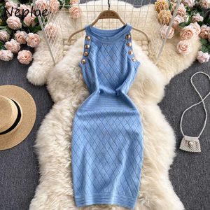 Neploe Sexy Dress for Women 2021 Summer Solid Knitting Botões Halter Vestidos Bodycon Stretch Ins Retro Mini Vestidos C0607