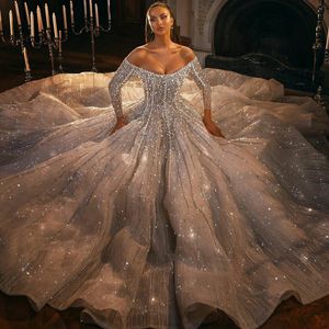 Luksusowe Perły Suknia Ślubna Cekiny Off The Ramię Retro Suknie Ślubne Długie Rękawy 2021 Vestido de Novia