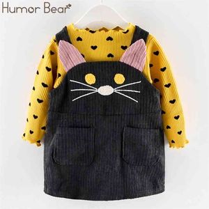 Fall Winter Spring Girls Clothes Sets Autumn Cotton Long Sleeves Dot T-shirt+Cat Strap Dress 2Pcs Baby Clothing 210611