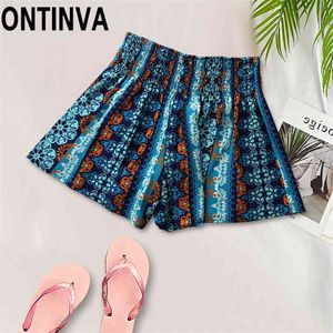 Kvinnors sommar boho trbial tryck hög elastisk shirred midja breda ben shorts damer strand semester korta byxor imperium culottes 210719