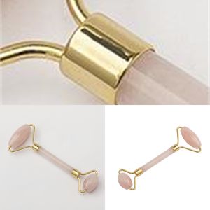 Natural Tumbled Chakra Rose Quartz Carved Reiki Crystal Healing Gua Sha Beauty Roller Facial Massor Stick with Alloy Gold Plated oky S2