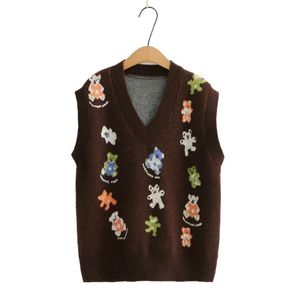 Kawaii Camisola Mulheres Cartoon Bear Bear Sweaters Vest Inverno V Neck Sem Mangas Vintage Casual Senhoras Malha Top 210914