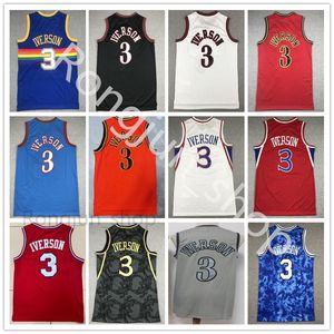 Maglia cucita Vintage Fashion Men Allen 3 Iverson Maglie Blu Bianco Rosso Nero Basketball College Shirt Top Quality