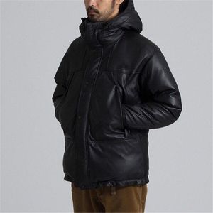 the mens sports parkas Leisure Mid-length thick sheepskin leather down jacket with Hooded
