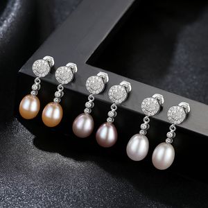 Fine 925 Sterling Silver Pearl CZ Zircon 9mm Dangle Brincos Brincos Brincos Bridal Broomal Jóias