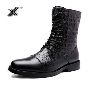 Luury Designer Echtes Leder Herren Stiefel Spitz Hohe Stiefel Mann Krokodil Muster Stiefel Winter Business Punk Männer