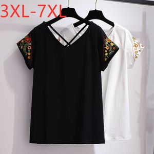 Yeni 2021 Yaz Artı Boyutu Kadınlar Için Tops Büyük Gevşek Kısa Kollu Siyah Beyaz Pamuk V Boyun Nakış T-Shirt 4XL 5XL 6XL 7XL X0628