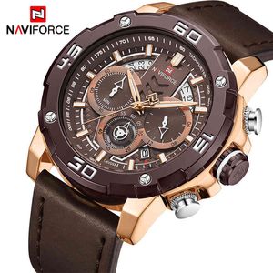 Top Luxury Brand Naviforce Watch Men Sport Vattentät Quartz Klockor Mens Läderkronograf Datum Man Klocka Relogios Masculino 210517