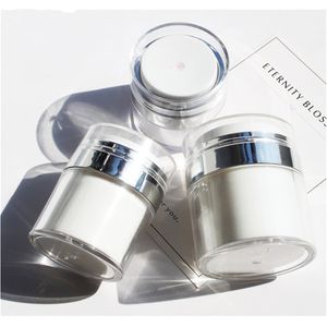 15 30 50 g ml Flaskor Pearl White Acrylic Airless Round Vacuum Lotion Cream Jar 0.5oz 1oz 1.7oz Kosmetisk Pressfyllningsbar Luftpump Makeup Container för förpackning Resor