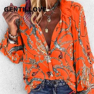 Gentillove Vintage Bround Women Весна Летняя цепь Печать с длинным рукавом Свободная рубашка плюс размер 5XL Топы однобортные туники 210323