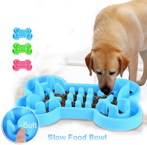 Dogs Slow Food Bowls Silicone Bone Shaped Non-Slip Anti-Smashing Spill-Proof Cat Foods Feeder Pet Tray (Green S)