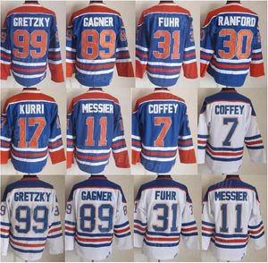 Vintage Retro Buz Hokeyi 31 Grant Fuhr Jersey 99 Wayne Gretzky 11 Mark Messier 30 Bill Ranford 7 Paul Coffey 89 Sam Gagner 17 Jari Kurri Dikişli Mavi Beyaz YouGong