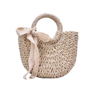 Seaside handväska vävning Kvinnors väska Lace Bow Handgjorda väska Vacation Grass Travel Beach Straw Bag för flicka
